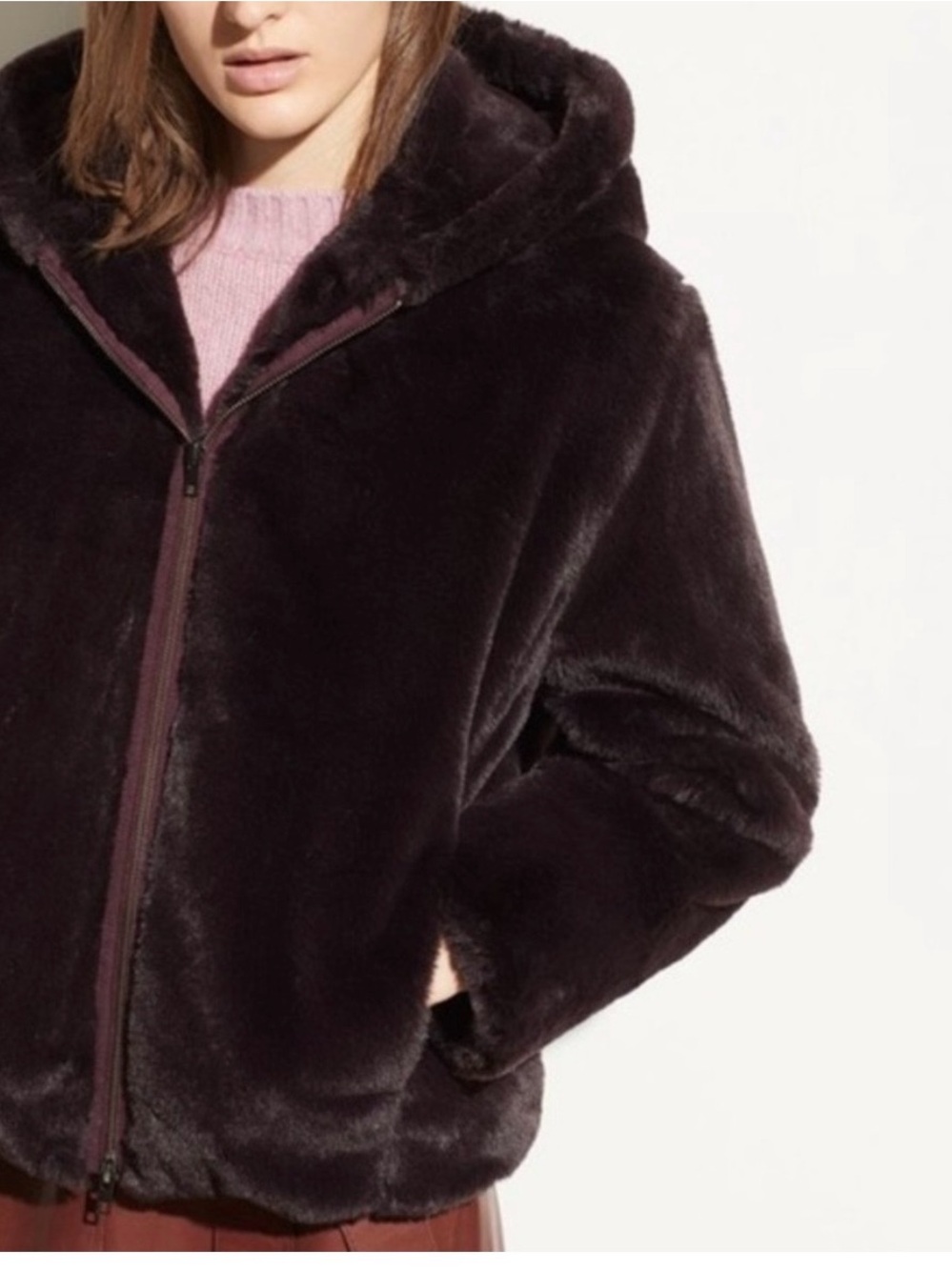 Vince Plush Hooded Faux-Fur Jacket in Dark Plum